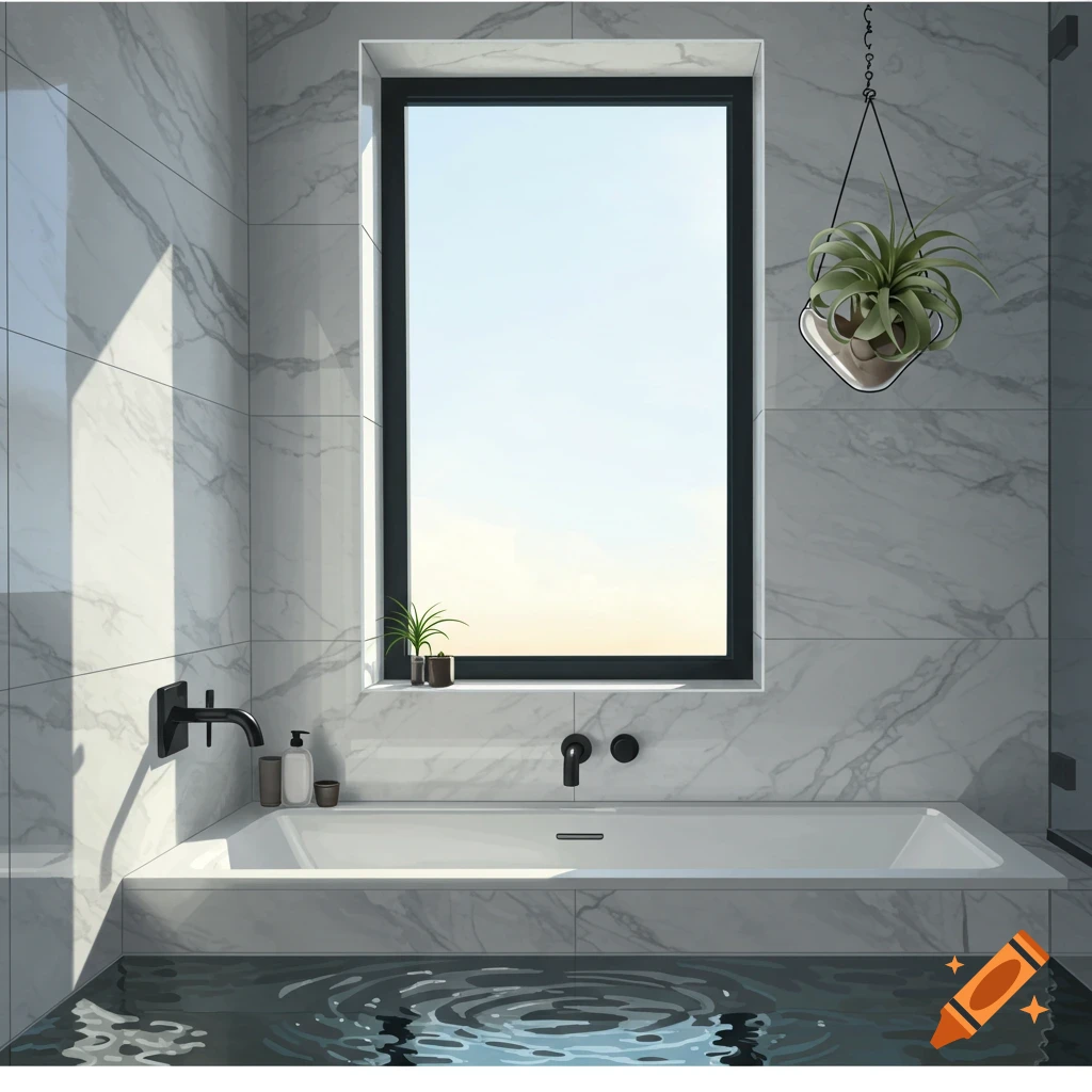 A modern bathroom features white marble tiles, a white bathtub, a large black-framed window, and green potted plants.