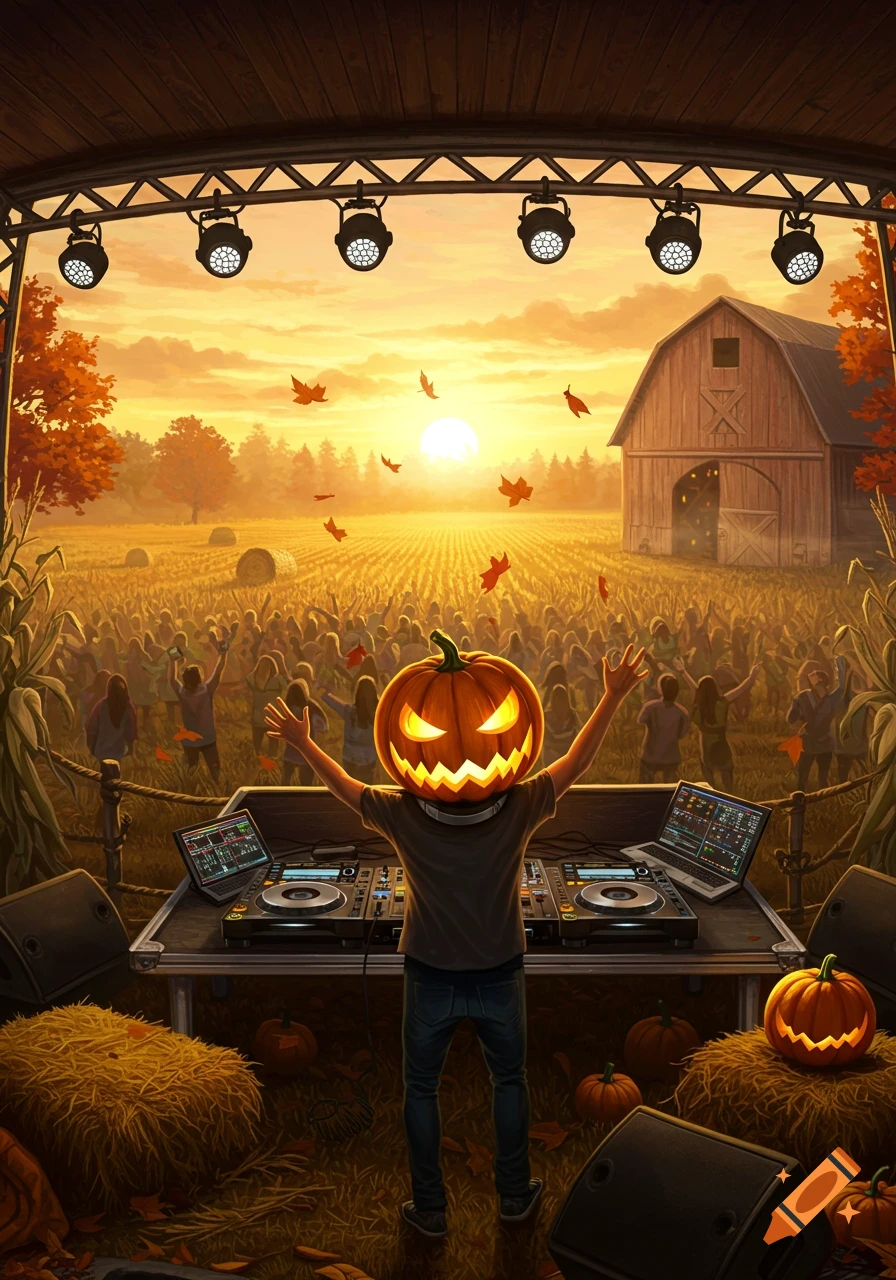 A DJ with a glowing pumpkin head performs at a sunset outdoor music festival in a farm field with a barn in the background. Autumn leaves fall around.