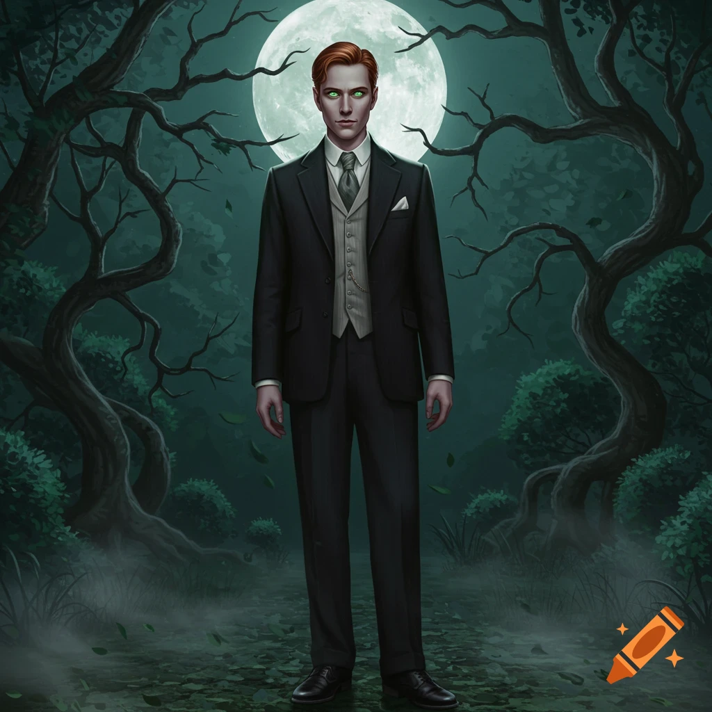 Pale male vampire with red hair, glowing green eyes, wearing a 1930s suit, stands in a misty forest under a full moon.