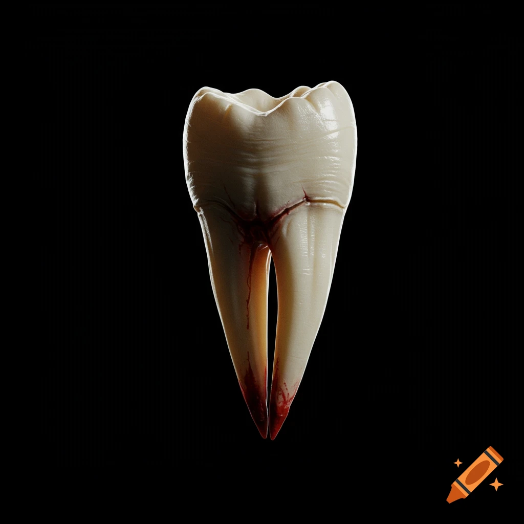 Photorealistic 3D render of a sharp, pointed fang with blood at the gum line against a black background.