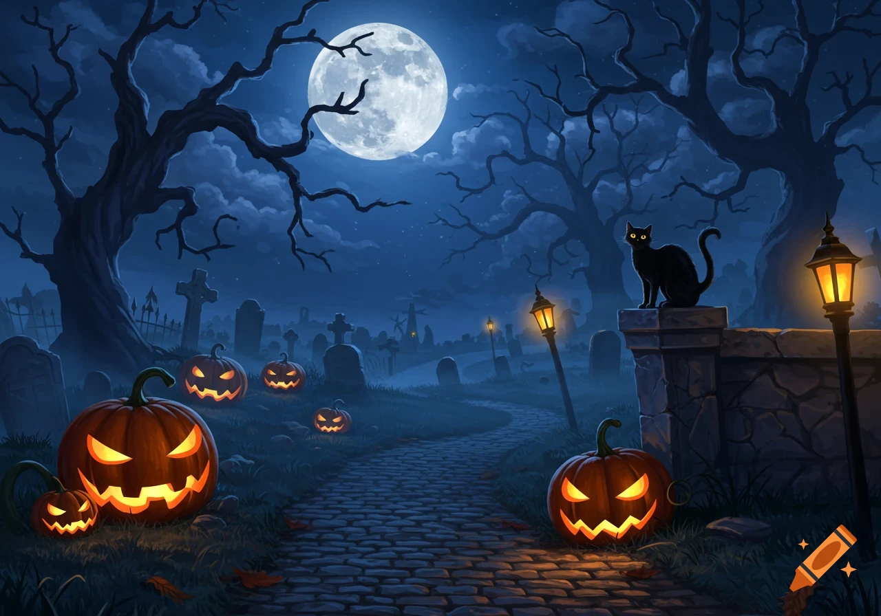 Stylized Halloween graveyard scene at night with a full moon, gnarled trees, glowing jack-o'-lanterns, and a black cat on a wall.