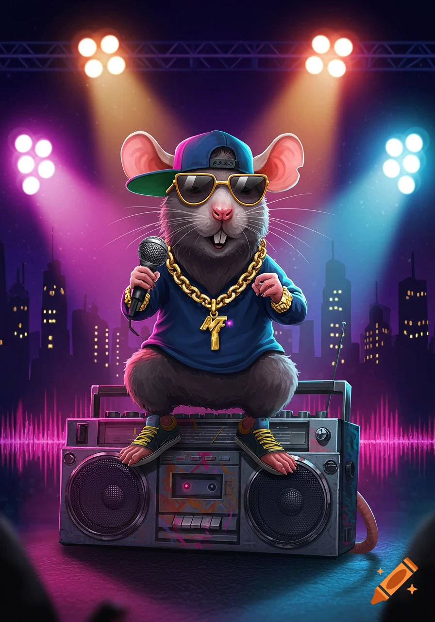 An anthropomorphic rat dressed in hip-hop attire, wearing a baseball cap, sunglasses, and a gold chain with a stylized letter pendant. It holds a microphone and squats on a boombox, illuminated by stage lights against a cityscape background.