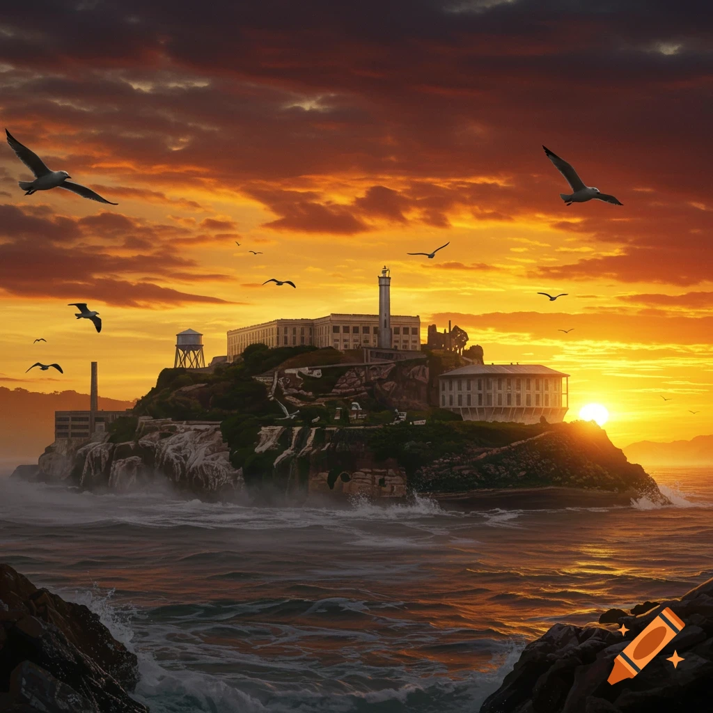 Alcatraz Island fortress at dramatic sunset with orange clouds, ocean waves, and seagulls flying.
