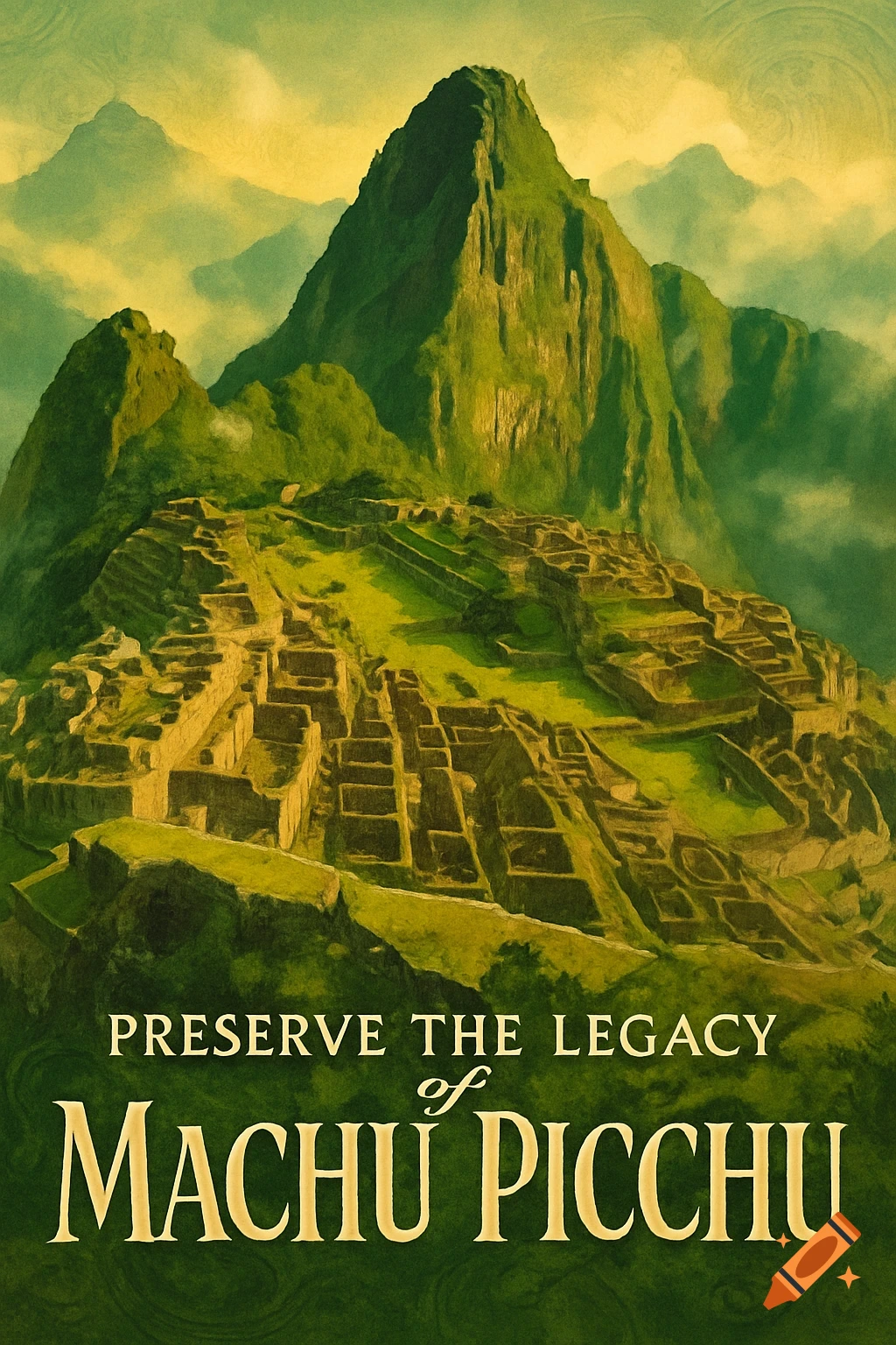 An illustrative vintage-style poster of Machu Picchu, with lush green mountains and ancient stone ruins under a hazy sky, featuring text that reads "PRESERVE THE LEGACY of MACHU PICCHU."