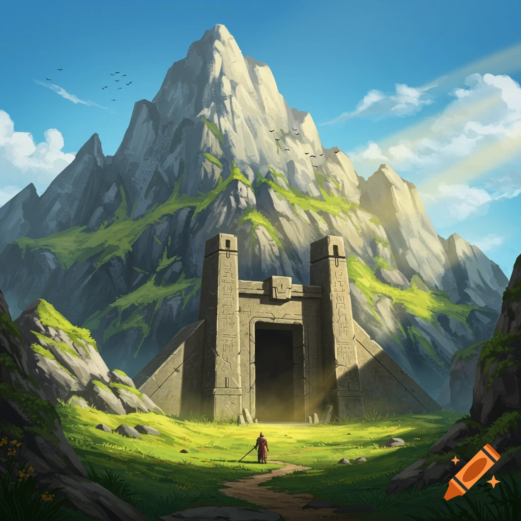 A lone traveler stands before a massive ancient stone gate with hieroglyphics, set against a towering mountain range under a bright blue sky, in a vibrant fantasy landscape.