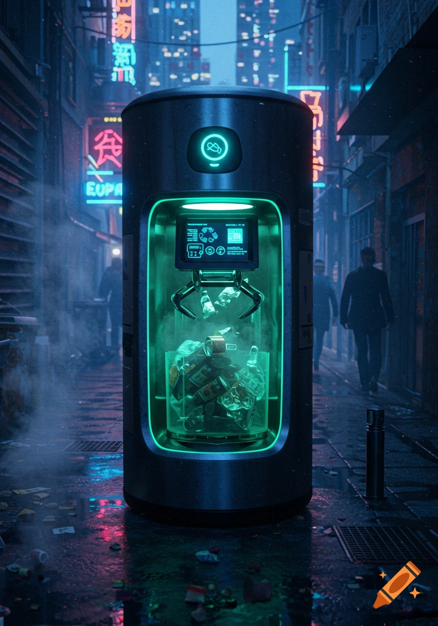 A futuristic, glowing green automatic garbage sorting bin stands in a dark, rainy cyberpunk alley with neon signs.