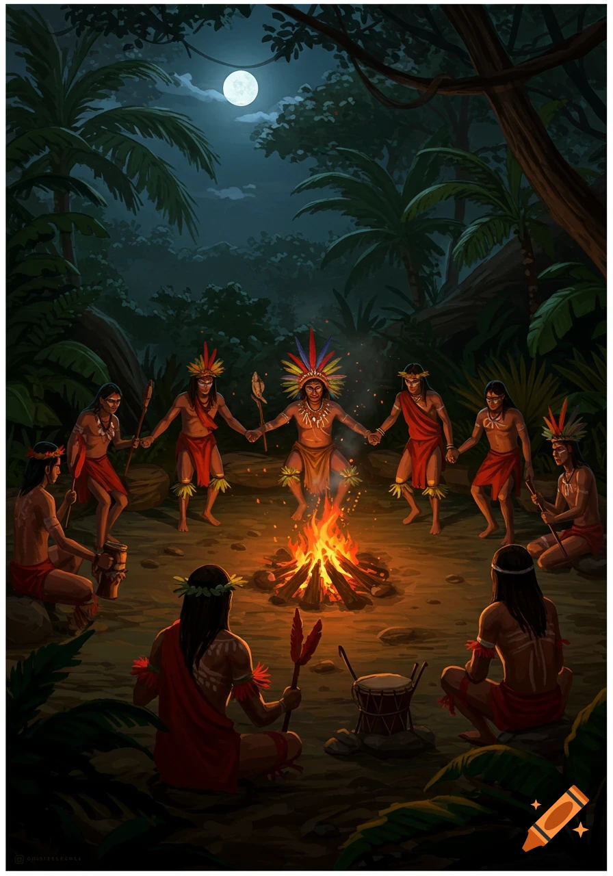 A group of tribal people in traditional attire perform a ritual around a bonfire in a dark jungle under a full moon, digital art.