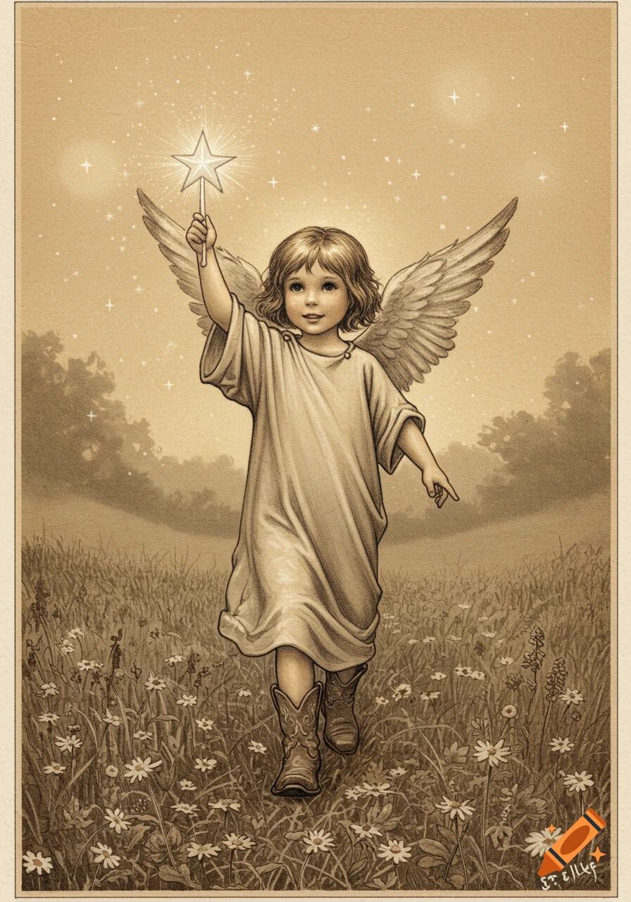 Vintage sepia illustration of a child angel in a tunic and cowboy boots, holding a star, walking through a flowered field.