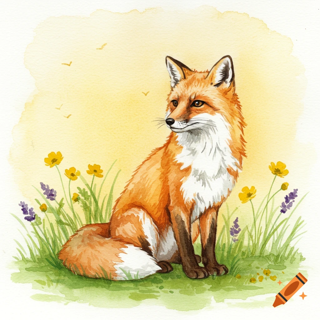 A watercolor illustration of a red fox sitting in a grassy field with yellow and purple flowers under a pale yellow sky.