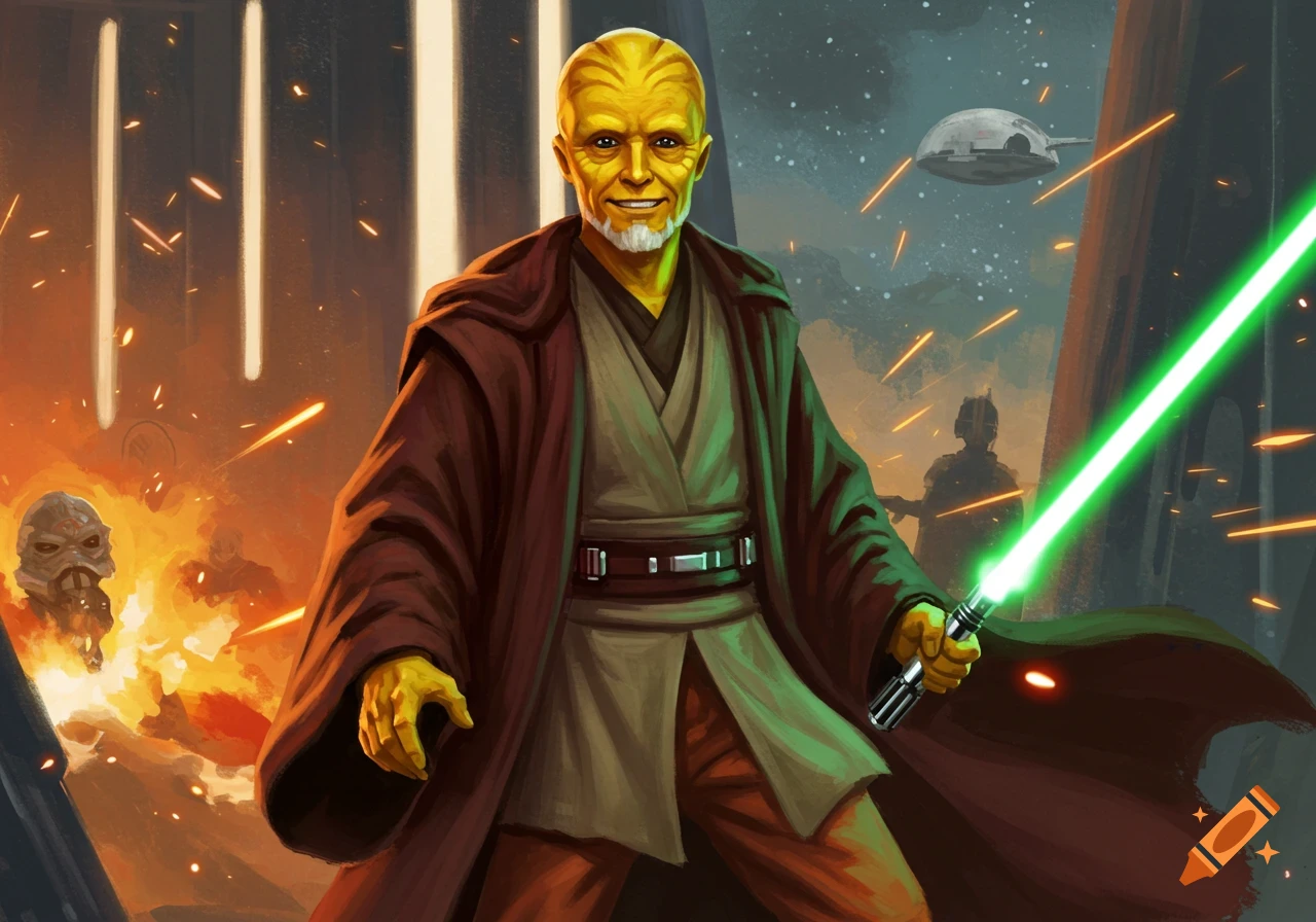 Yellow-skinned Jedi Knight Bobarian Afol with a white beard holds a green lightsaber amidst a fiery battle.