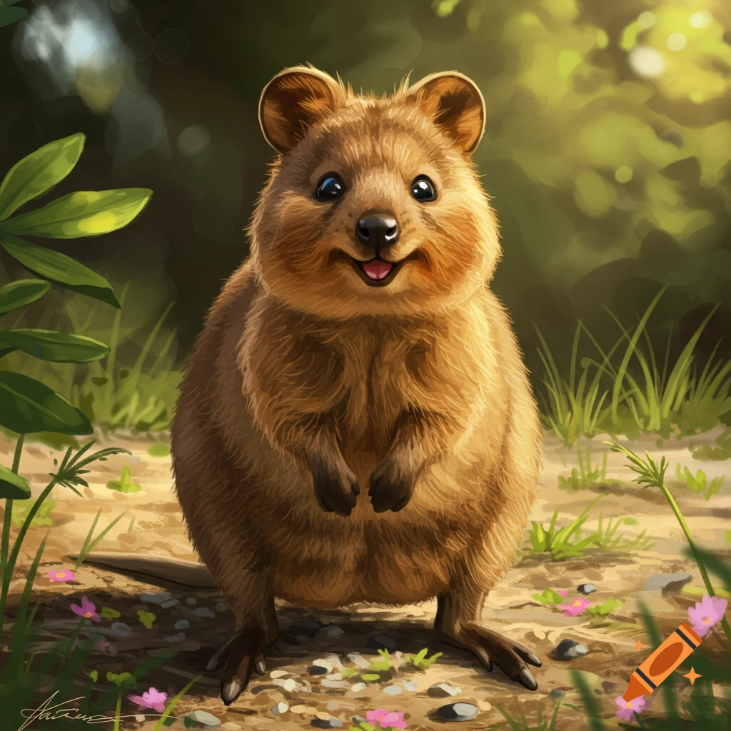 A happy quokka with a wide smile stands on a dirt path with small pink flowers in a sunlit green forest.
