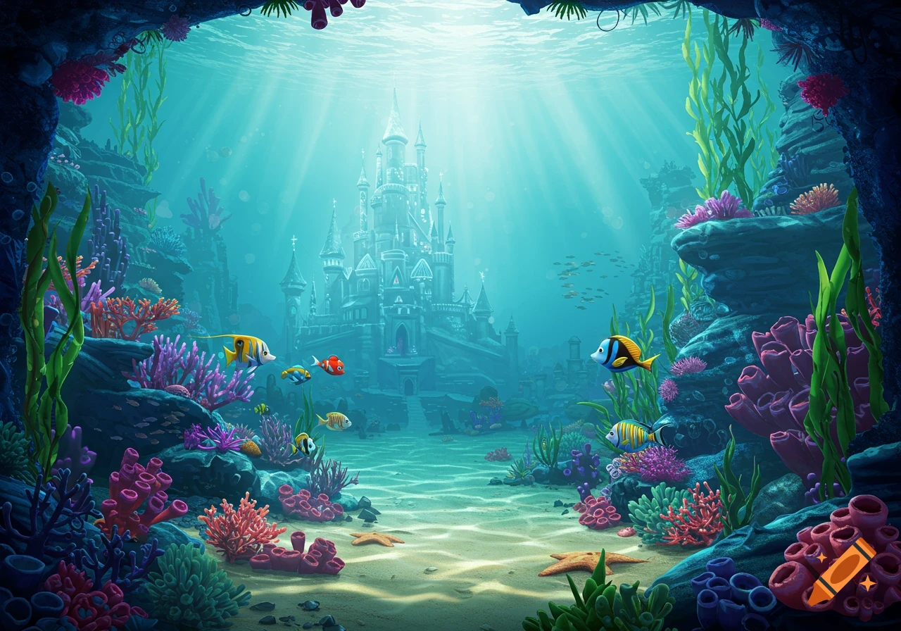 An animated underwater scene features a distant mermaid castle, surrounded by colorful coral, seaweed, and various tropical fish.