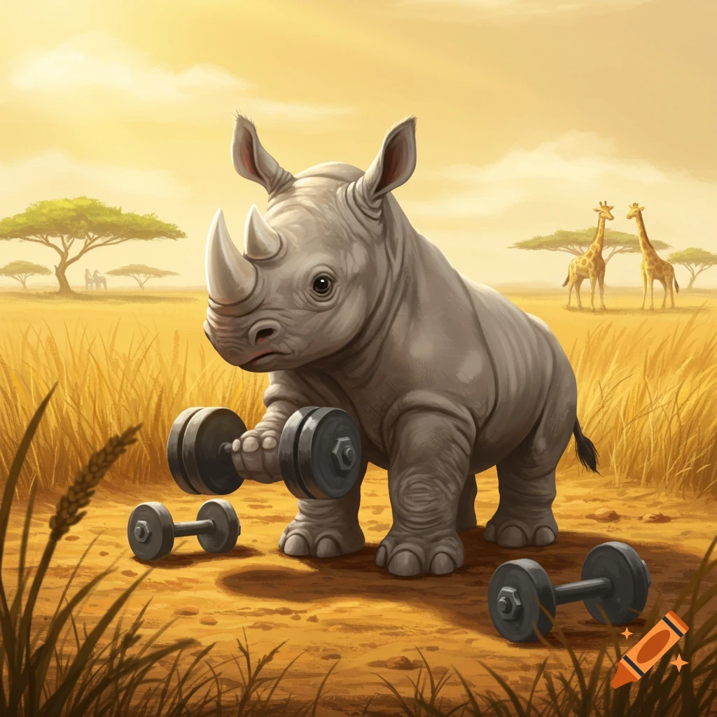 A cute, cartoon baby rhino lifts a heavy dumbbell in a sunny savanna with giraffes in the background.