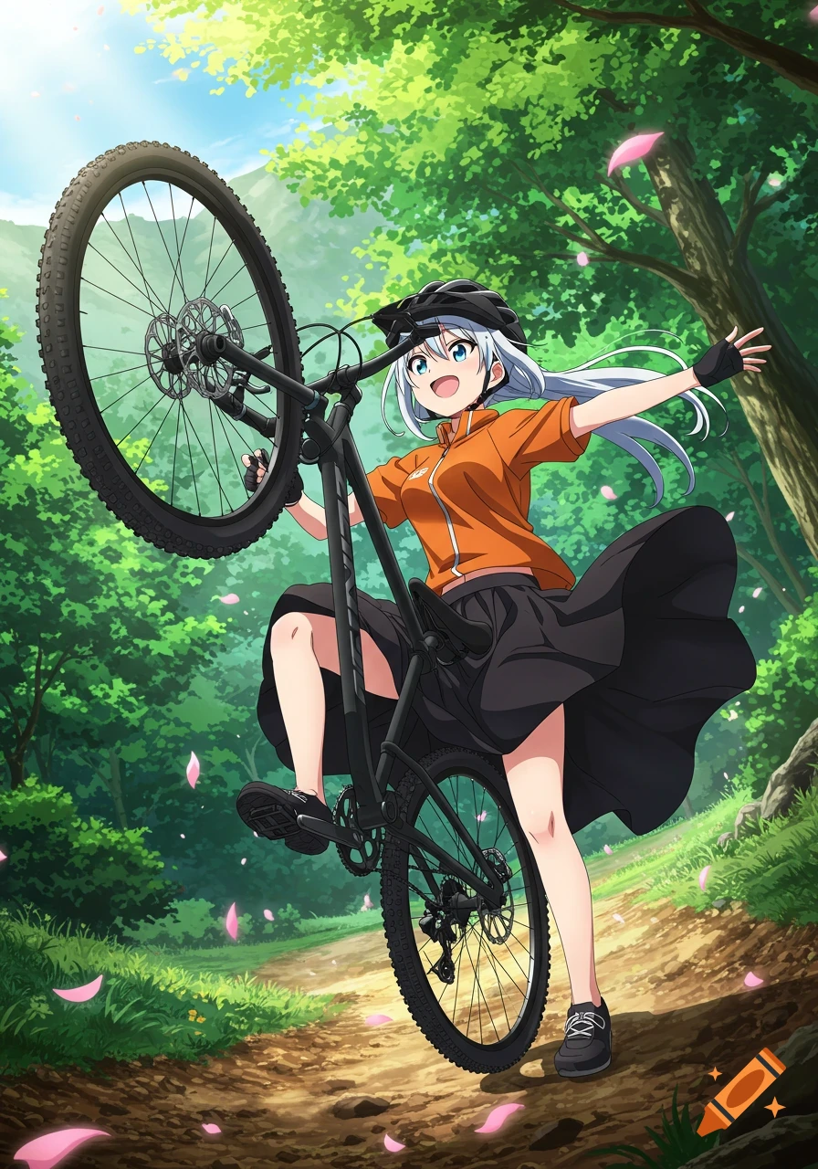 Anime drawing of a girl in an orange jersey and black helmet pulling up a mountain bike on a forest trail with pink petals falling.