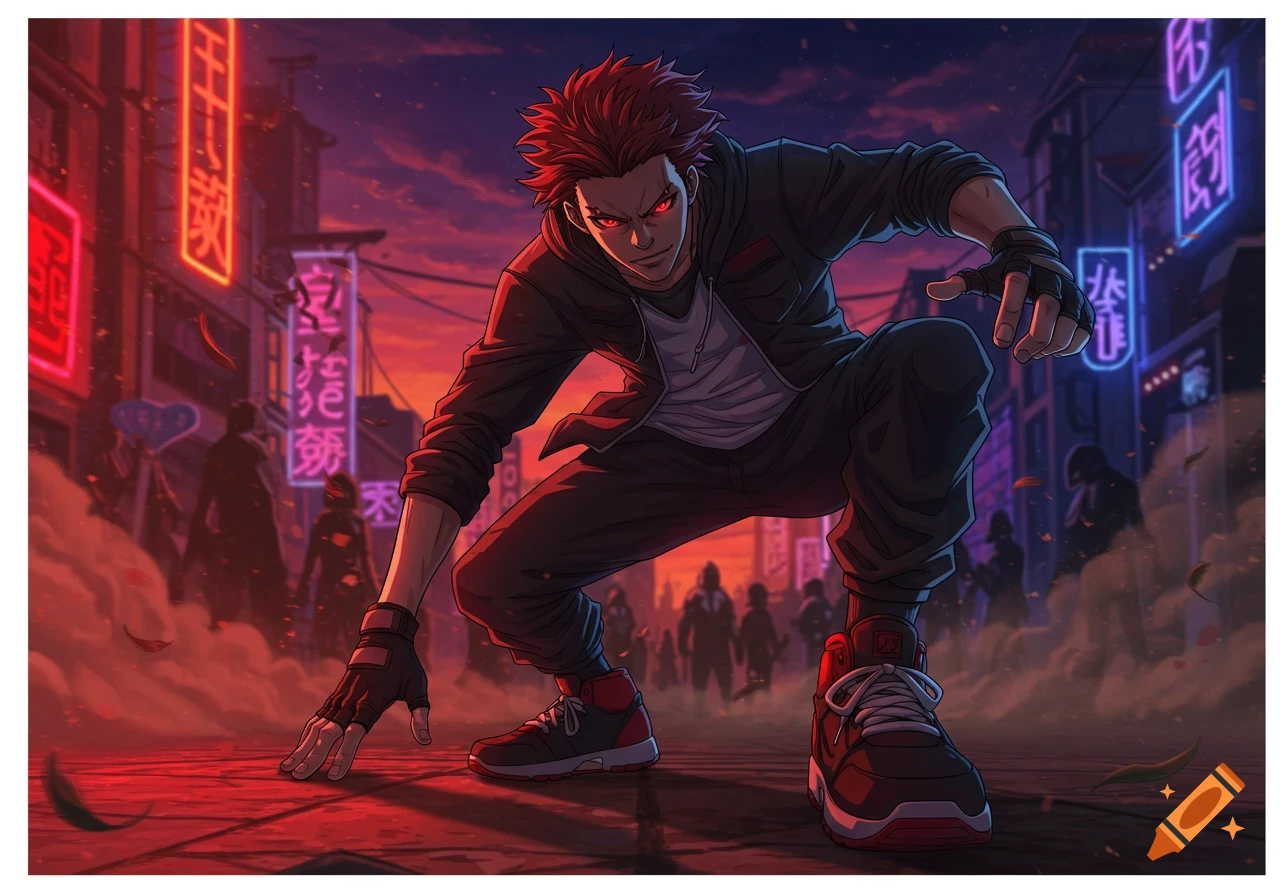 Anime-style character with red hair and glowing red eyes crouching in a neon-lit urban street at sunset.