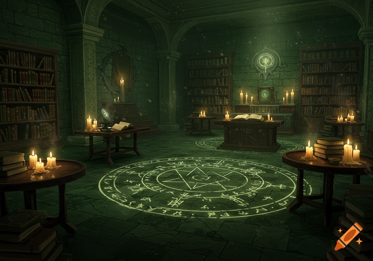 A dark, green-toned fantasy ritual room with bookshelves, glowing symbols on the floor, and many lit candles.