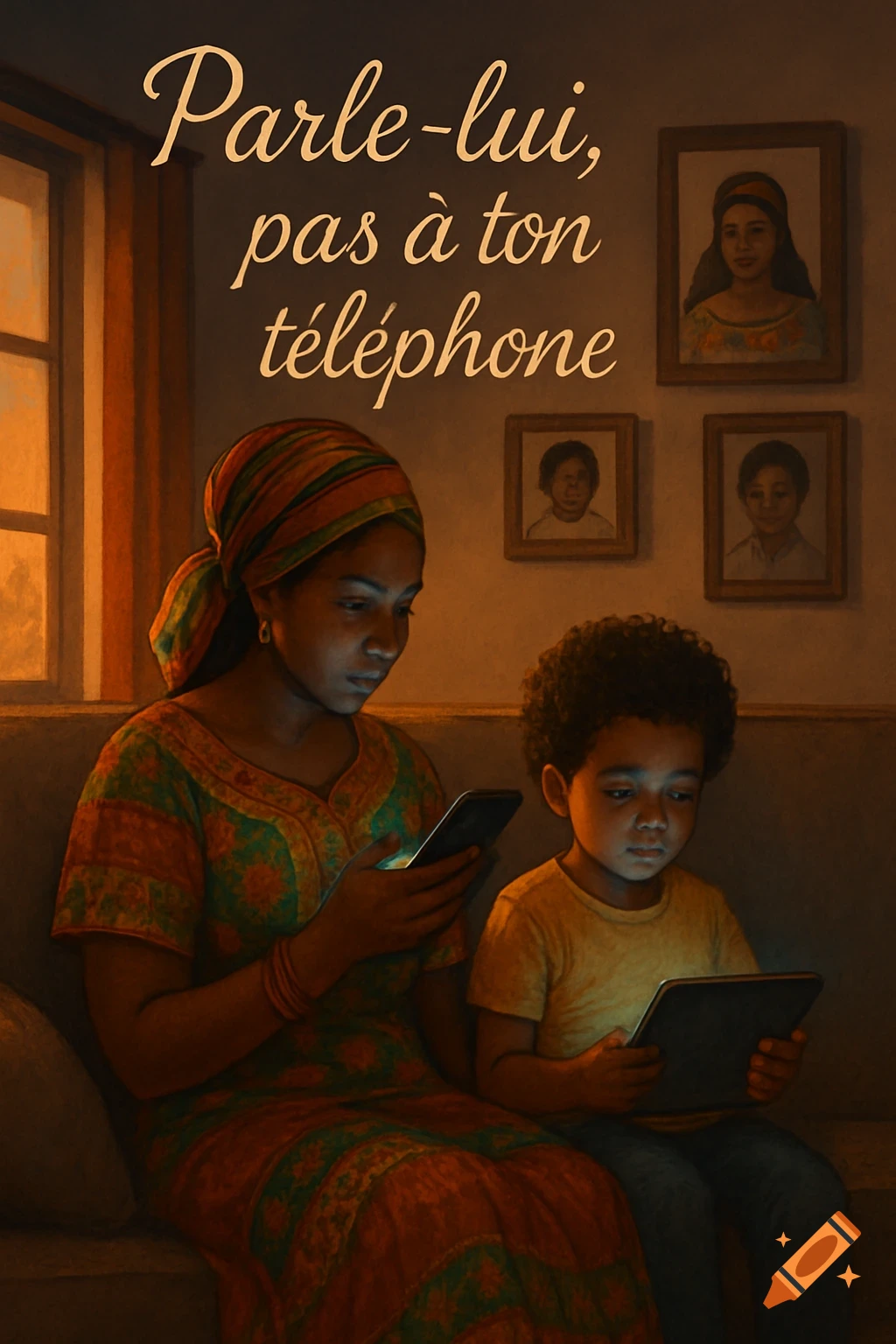 An illustration of a mother and child looking at screens in a dim room, with text 'Parle-lui, pas à ton téléphone'.