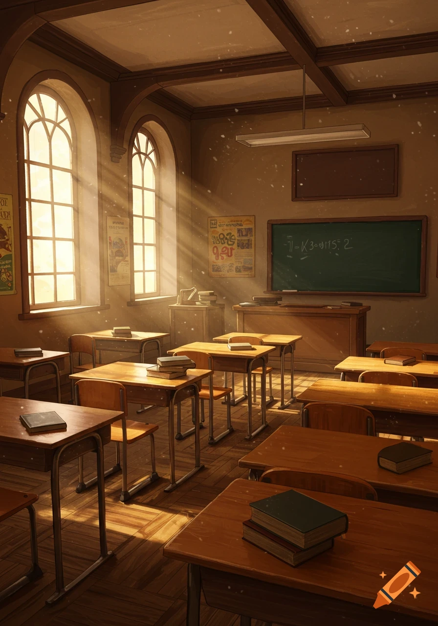 Sunlit empty classroom with rows of wooden desks and chairs, a blackboard, and large arched windows.