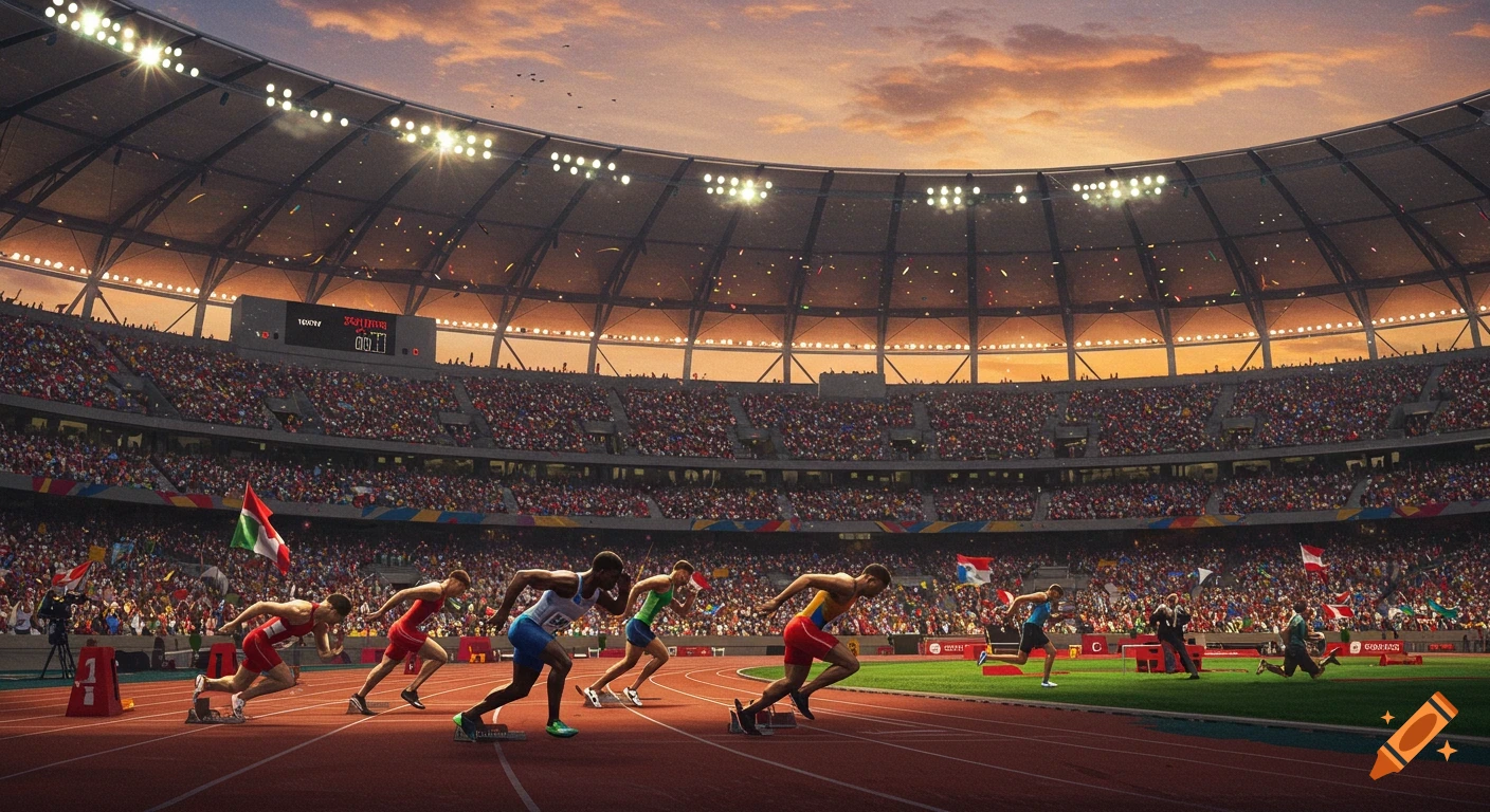 Photorealistic view of sprinters in starting blocks on a track inside a large stadium filled with spectators at sunset.