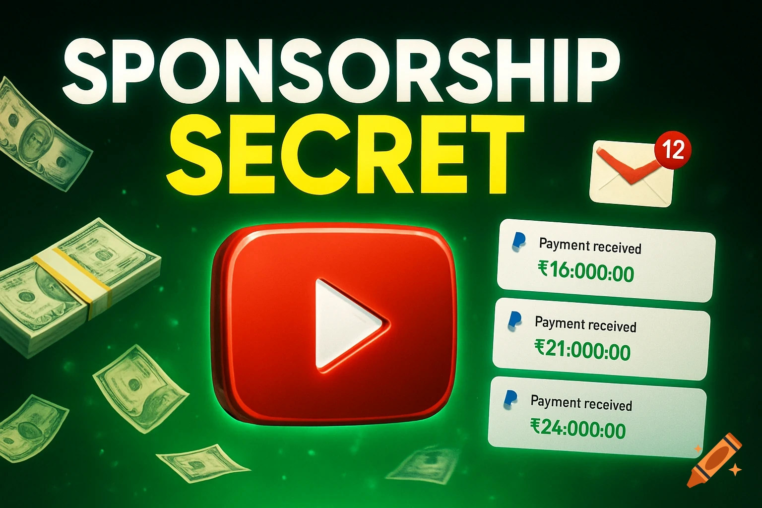 A bold YouTube thumbnail for 'Sponsorship Secret' with a YouTube play button, stacks of money, floating dollar bills, a Gmail icon with '12' notifications, and PayPal payment screenshots showing '€16:000:00', '€21:000:00', '€24:000:00' against a glowing green and black background.