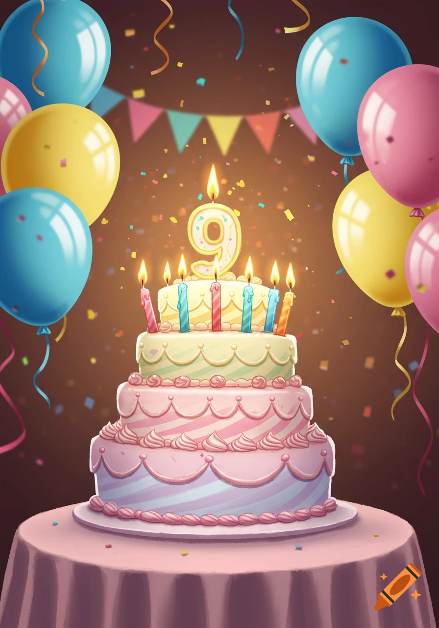 A colorful three-tier birthday cake with a large number 9 candle on top, surrounded by burning smaller candles, balloons, and confetti.