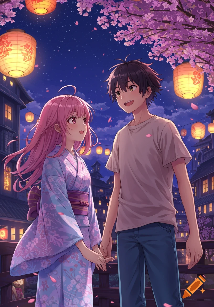An anime boy and girl hold hands, smiling, under cherry blossoms and glowing lanterns on a Japanese street at night.