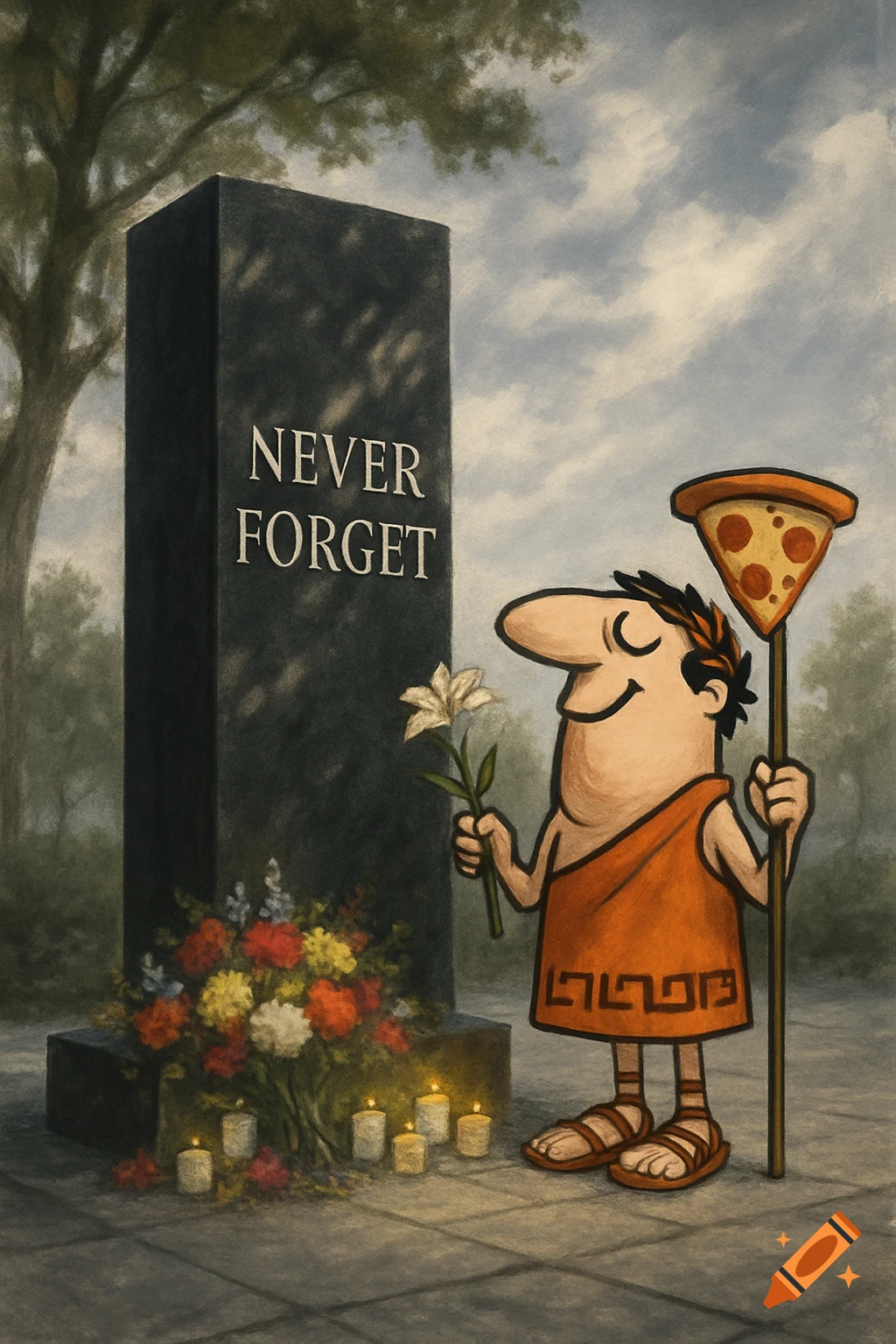 A cartoon character resembling Little Caesar's mascot stands by a memorial with 'NEVER FORGET' etched, holding a lily and a pizza slice on a stick.