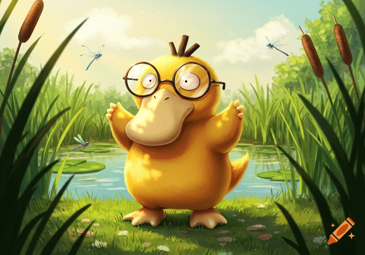 A yellow cartoon Psyduck wearing round glasses stands in a vibrant marsh with green grass, cattails, and dragonflies.