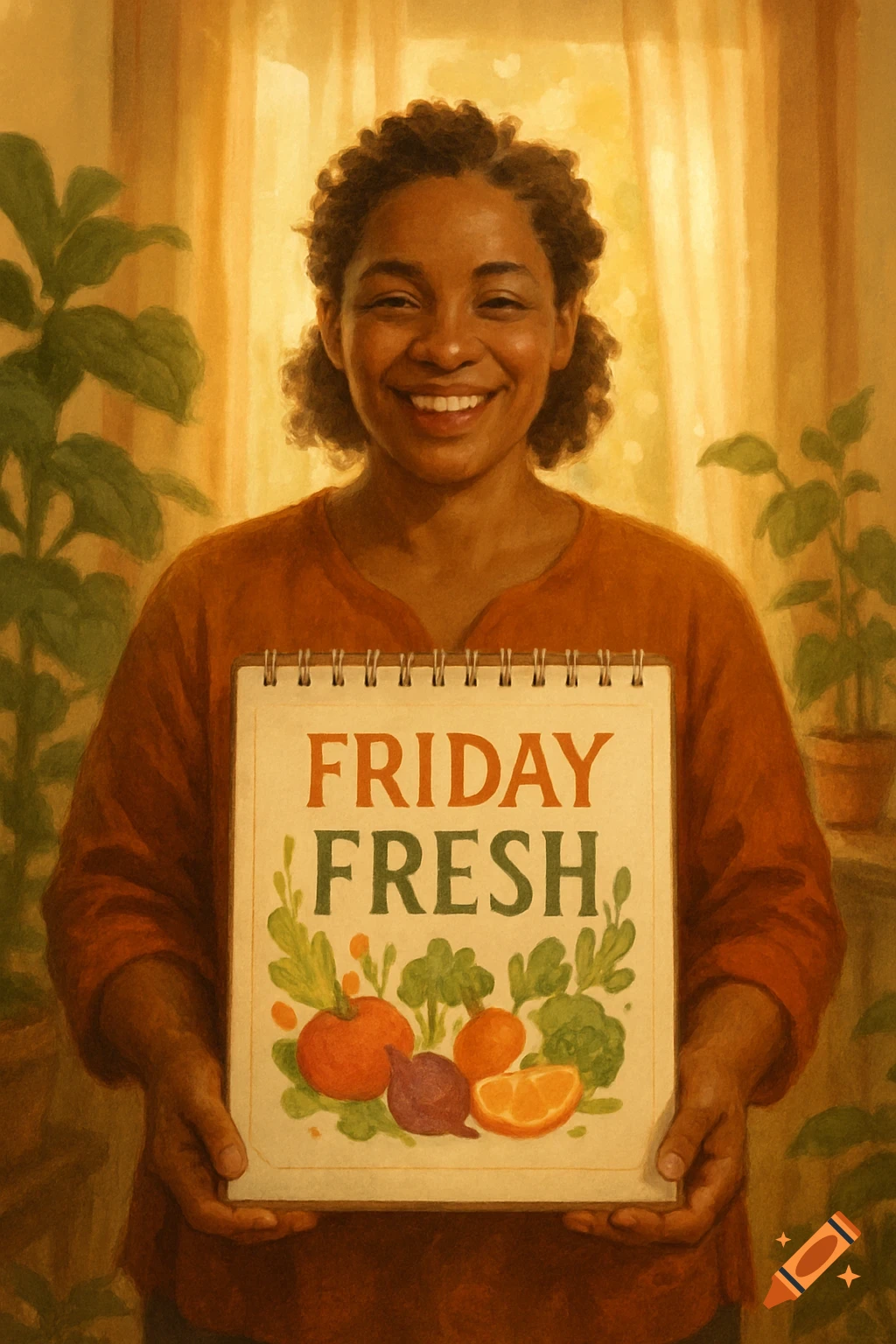 A smiling Black woman holds a sign reading 'FRIDAY FRESH' with illustrated vegetables, in a warm painterly style.