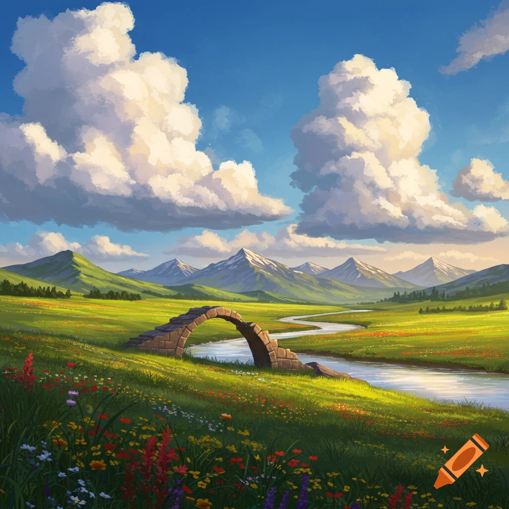 Vibrant landscape painting with a winding river, stone arch bridge, green fields, snowy mountains, and fluffy clouds.