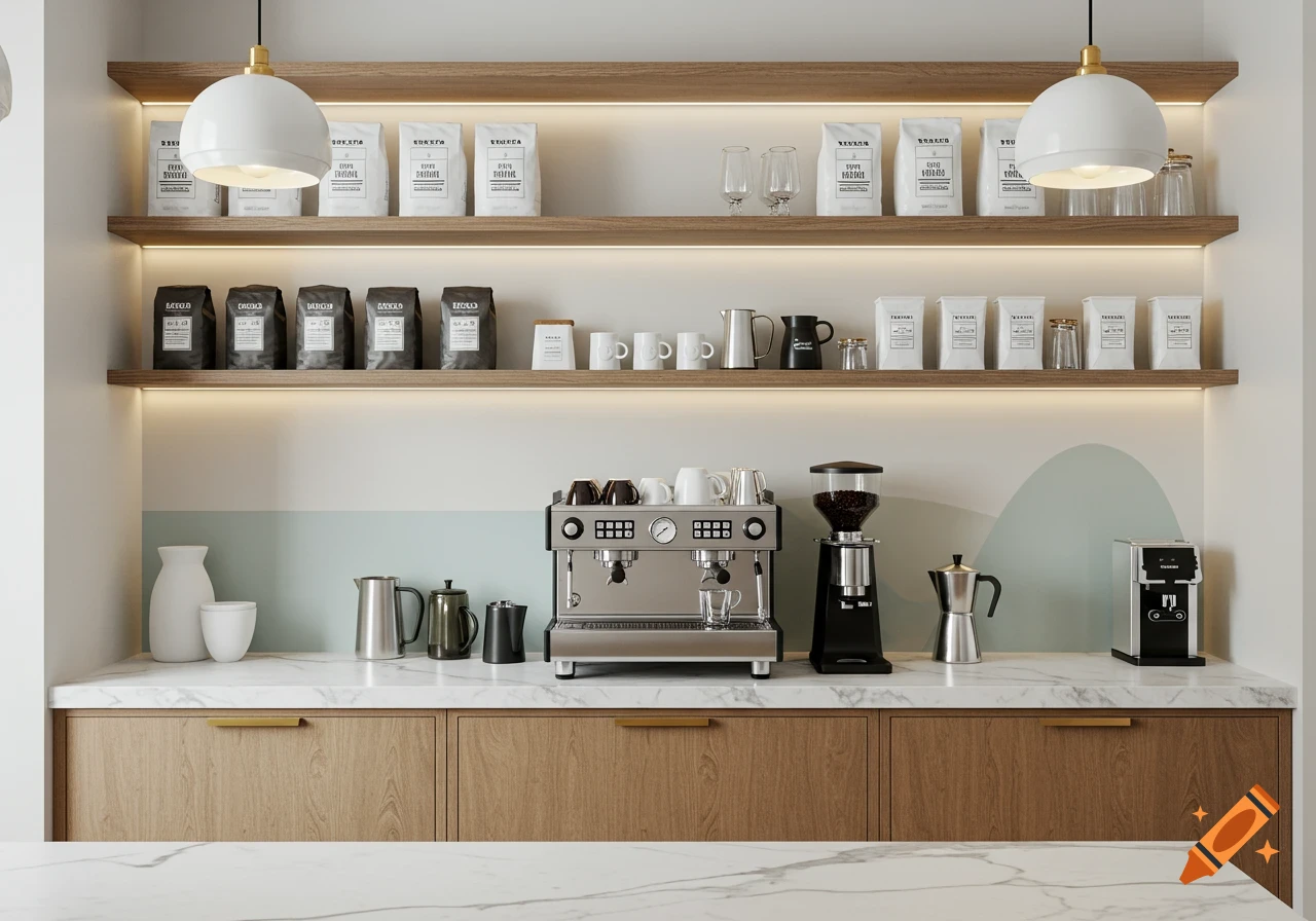 A modern kitchen coffee bar with an espresso machine, grinder, and shelves of coffee bags, pitchers, and cups.