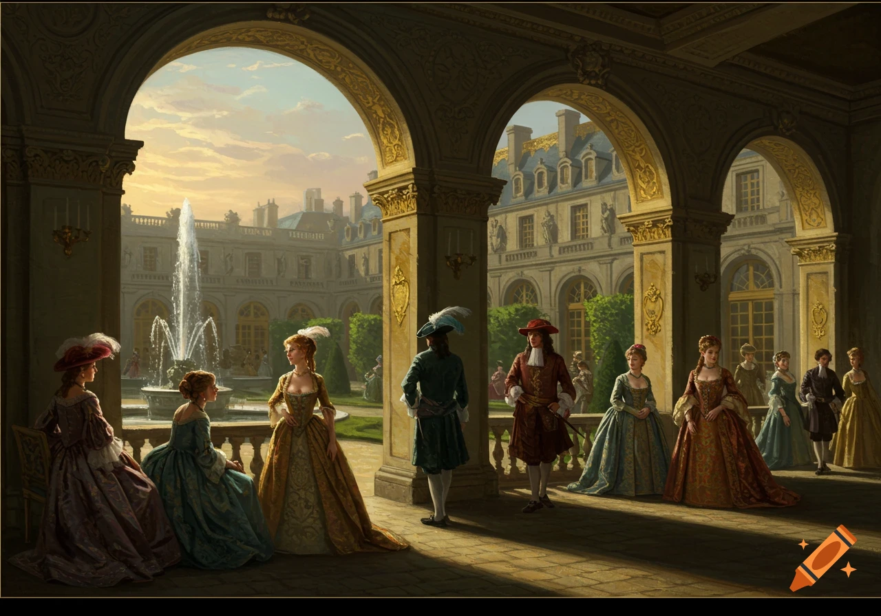 People in 18th-century Baroque attire in a grand palace courtyard with a fountain and archways at sunset.