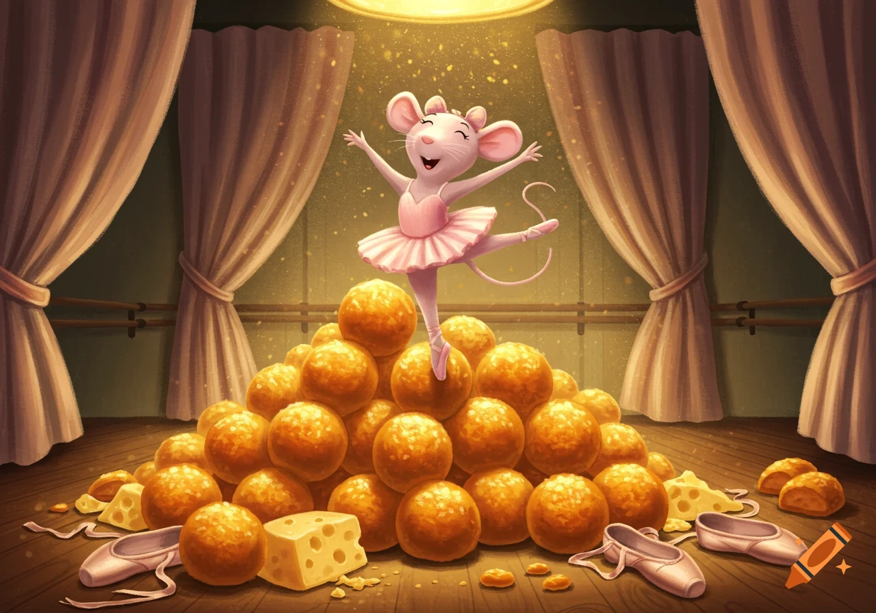 A joyful mouse ballerina poses gracefully on a huge pile of cheese balls on a stage, cartoon illustration.