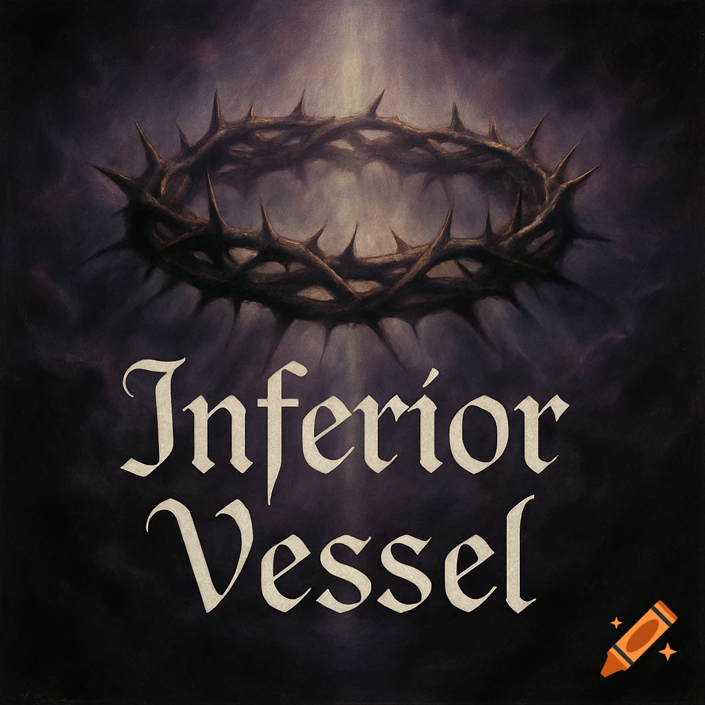 A dark, artistic depiction of a thorny crown floating above the words 'Inferior Vessel' in an old English font.