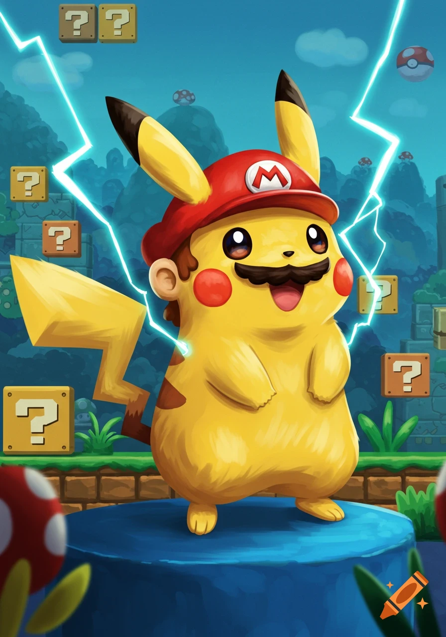 A cute Pikachu wearing a Mario hat and mustache stands on a blue platform, surrounded by Super Mario Bros. question mark blocks and lightning.