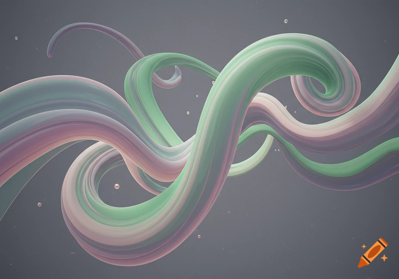Abstract image of flowing, intertwined ribbon-like shapes in pastel green, pink, and purple against a grey background.