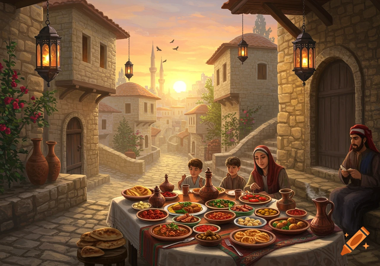 A family eats a large meal at sunset in a traditional Middle Eastern town with stone buildings and glowing lanterns.