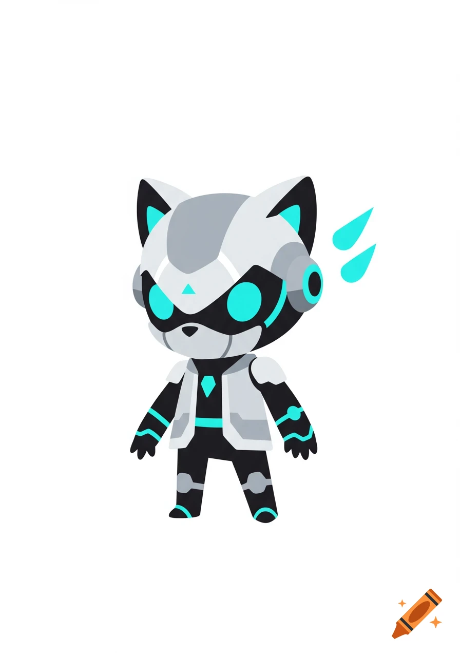 A cute, stylized 2D robot cat character with white, gray, black, and bright cyan details on a white background.