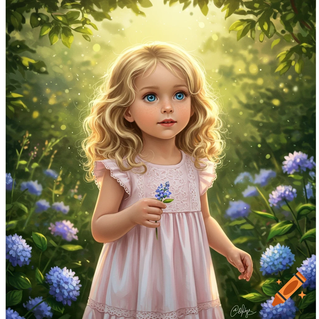 A young girl with blonde curly hair and blue eyes holds a small purple flower in an enchanted garden with glowing light and purple hydrangeas. Illustrated style.
