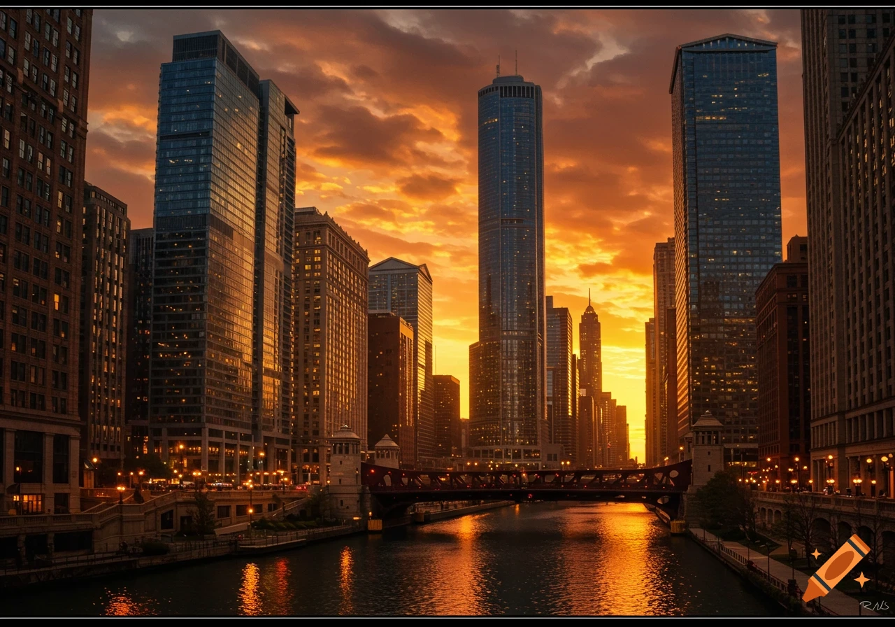 Photorealistic cityscape at sunset, with skyscrapers reflecting in a river and a bridge, under an orange sky.
