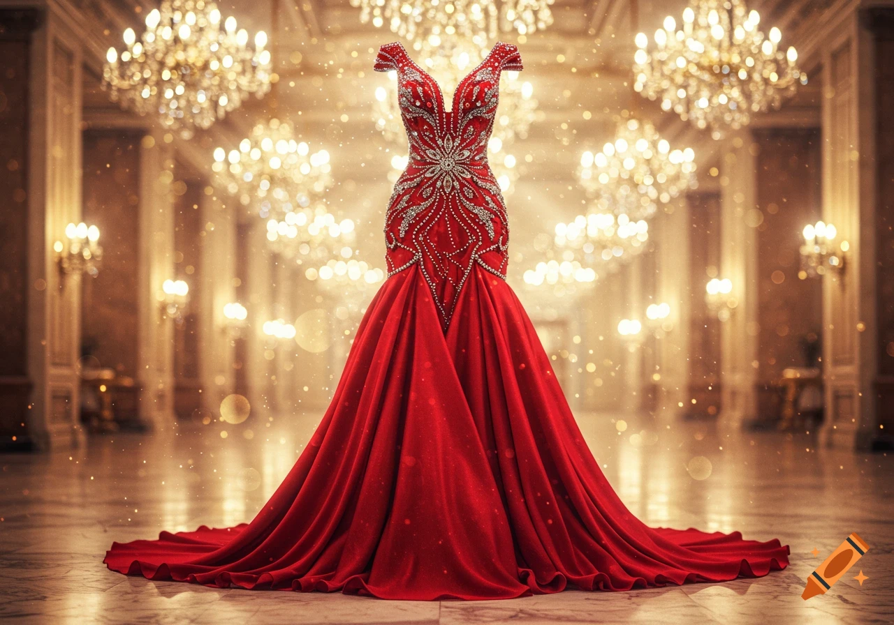 A stunning red evening gown with intricate silver embroidery and sparkling details, displayed in a lavish ballroom.