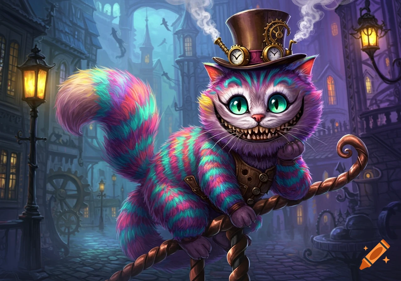 A vibrant, rainbow-striped Cheshire Cat with glowing green eyes and a wide grin wears a steampunk top hat, perched on a twisted rope in a fantastical, gaslit city at night.