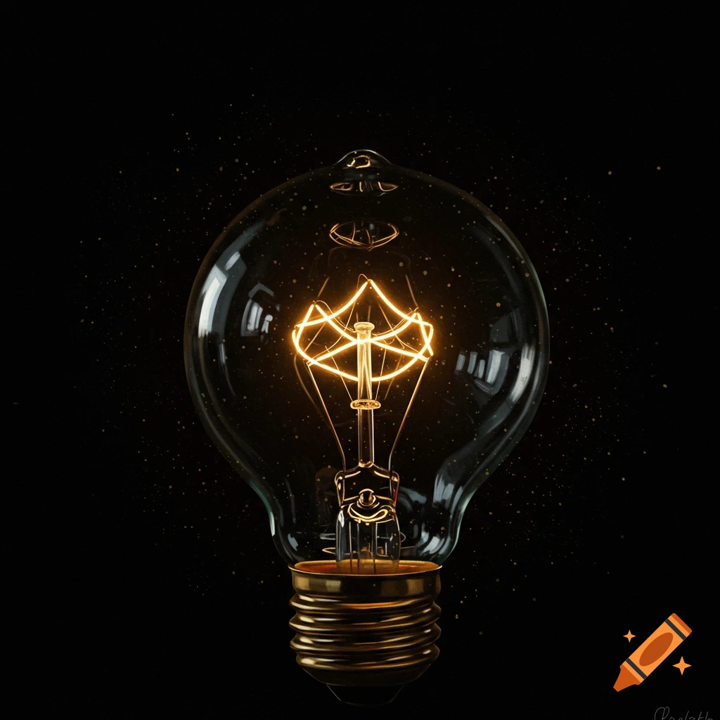 A close-up, photorealistic image of a glowing vintage light bulb against a dark background, with fine golden dust particles.