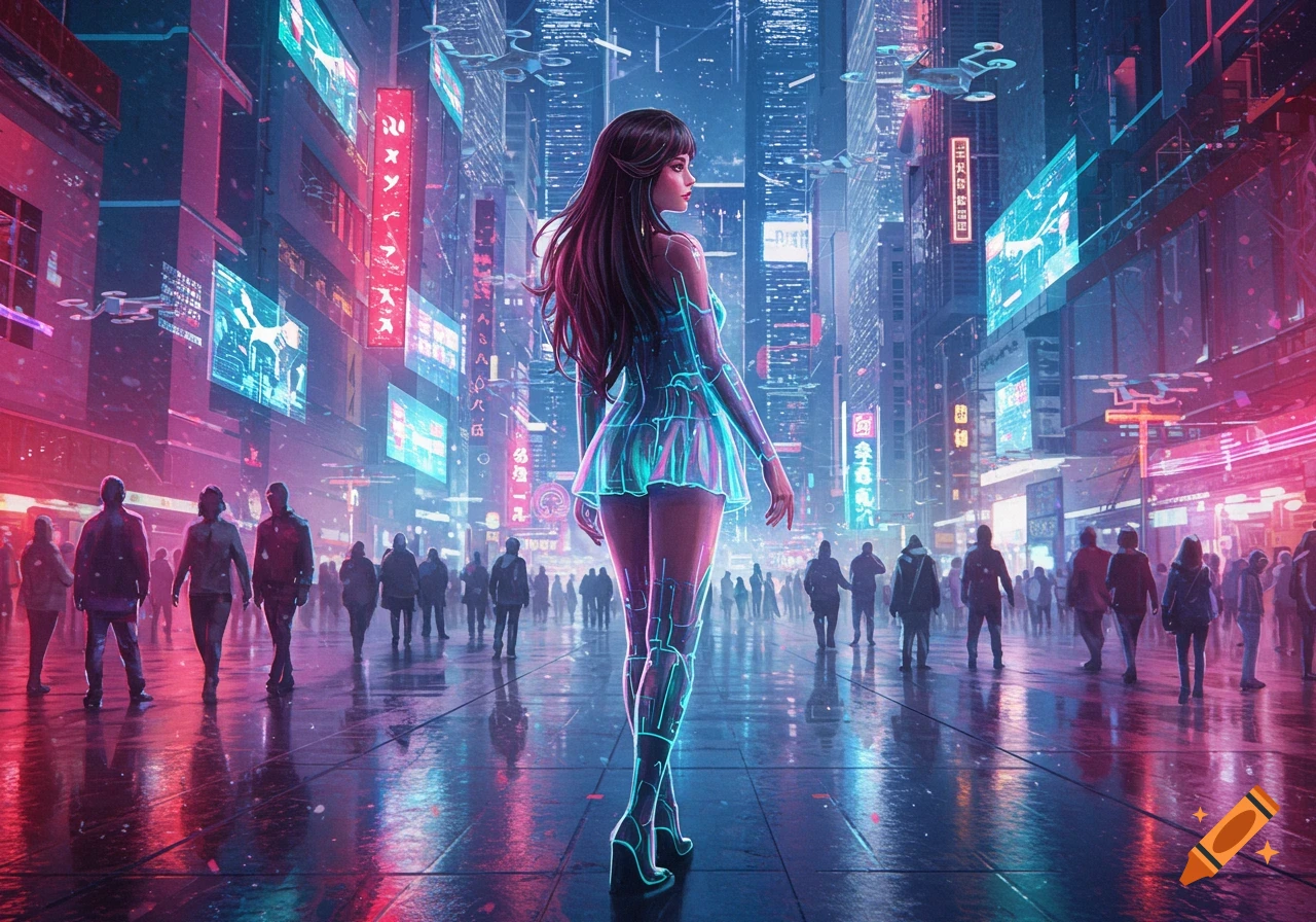 A woman with long dark hair, wearing a translucent glowing blue dress, walks down a neon-lit cyberpunk city street at night, with crowds and flying drones.