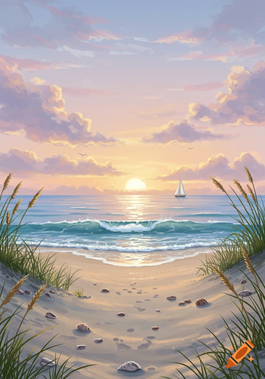 Watercolor painting of a vibrant sunset over a beach with waves, dune grass, and a sailboat on the horizon.