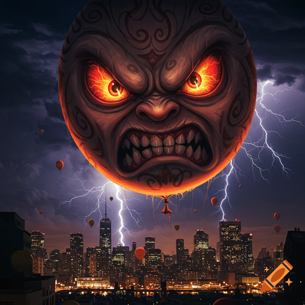 A giant, monstrous balloon with glowing red eyes and a fanged snarl floats over a city during a lightning storm.