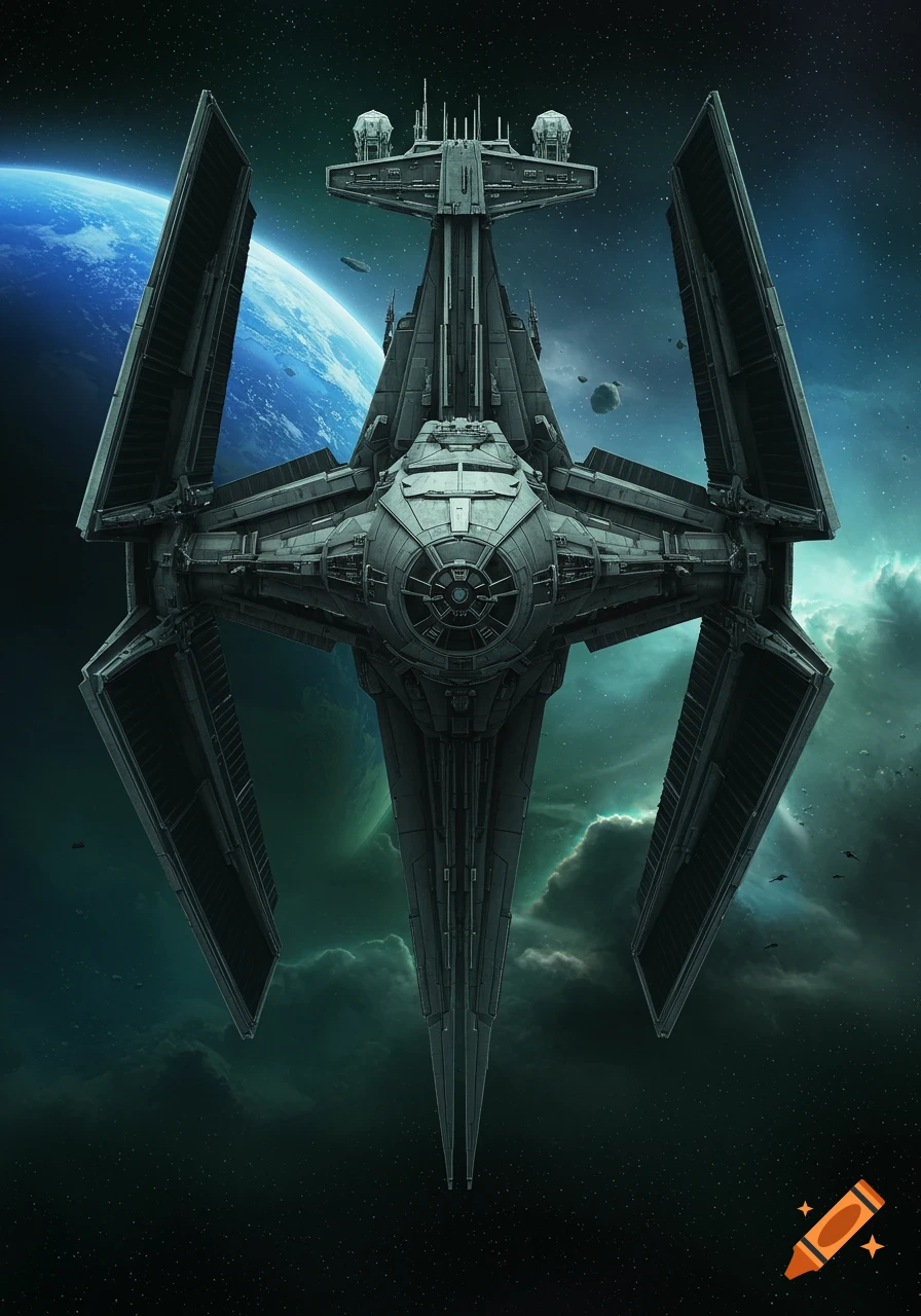 Detailed sci-fi starship resembling a B-Wing and TIE Fighter, in space with a blue planet and nebula, concept art style.