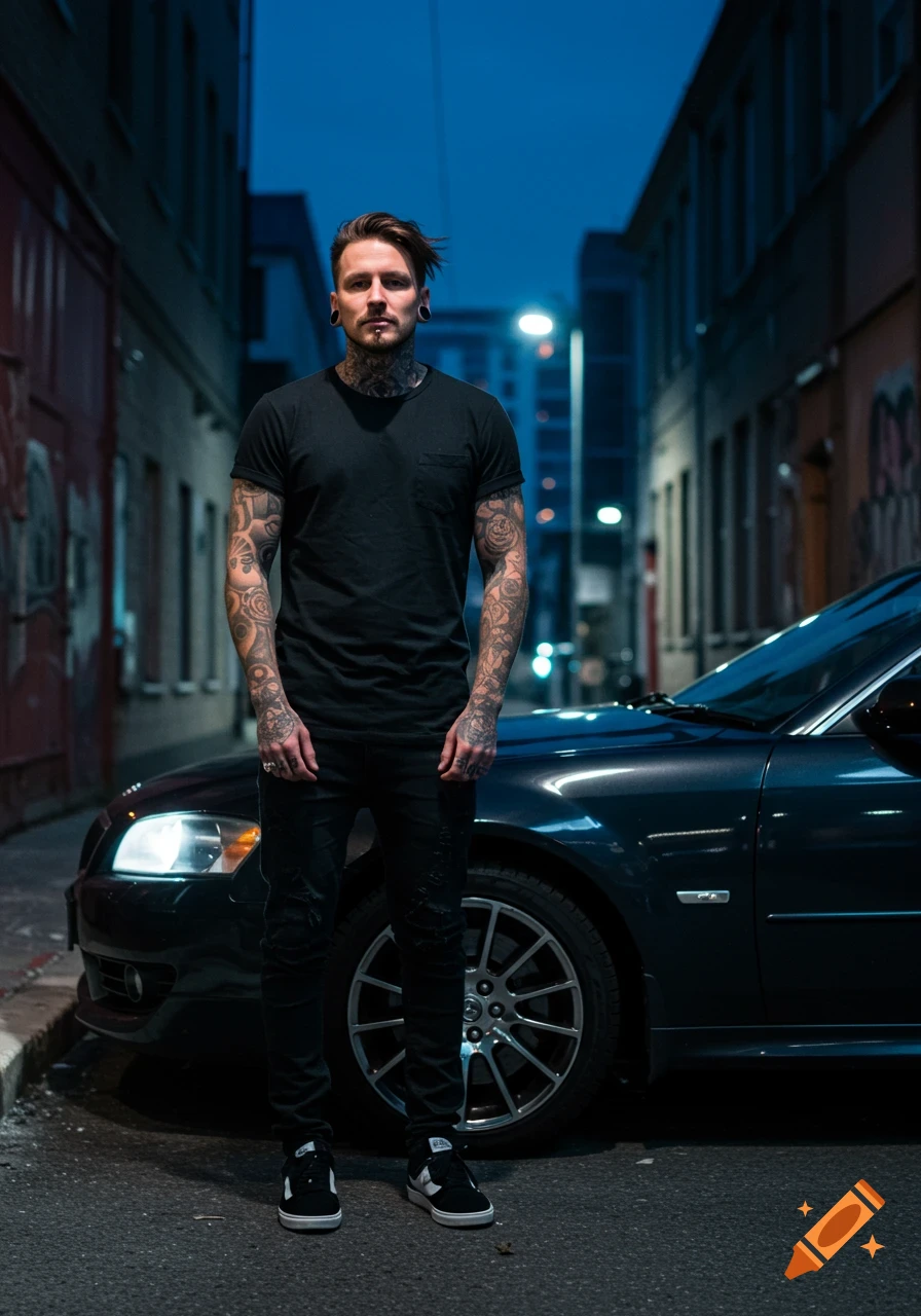Photorealistic portrait of a tattooed man with piercings standing next to a dark car on a city street at night.
