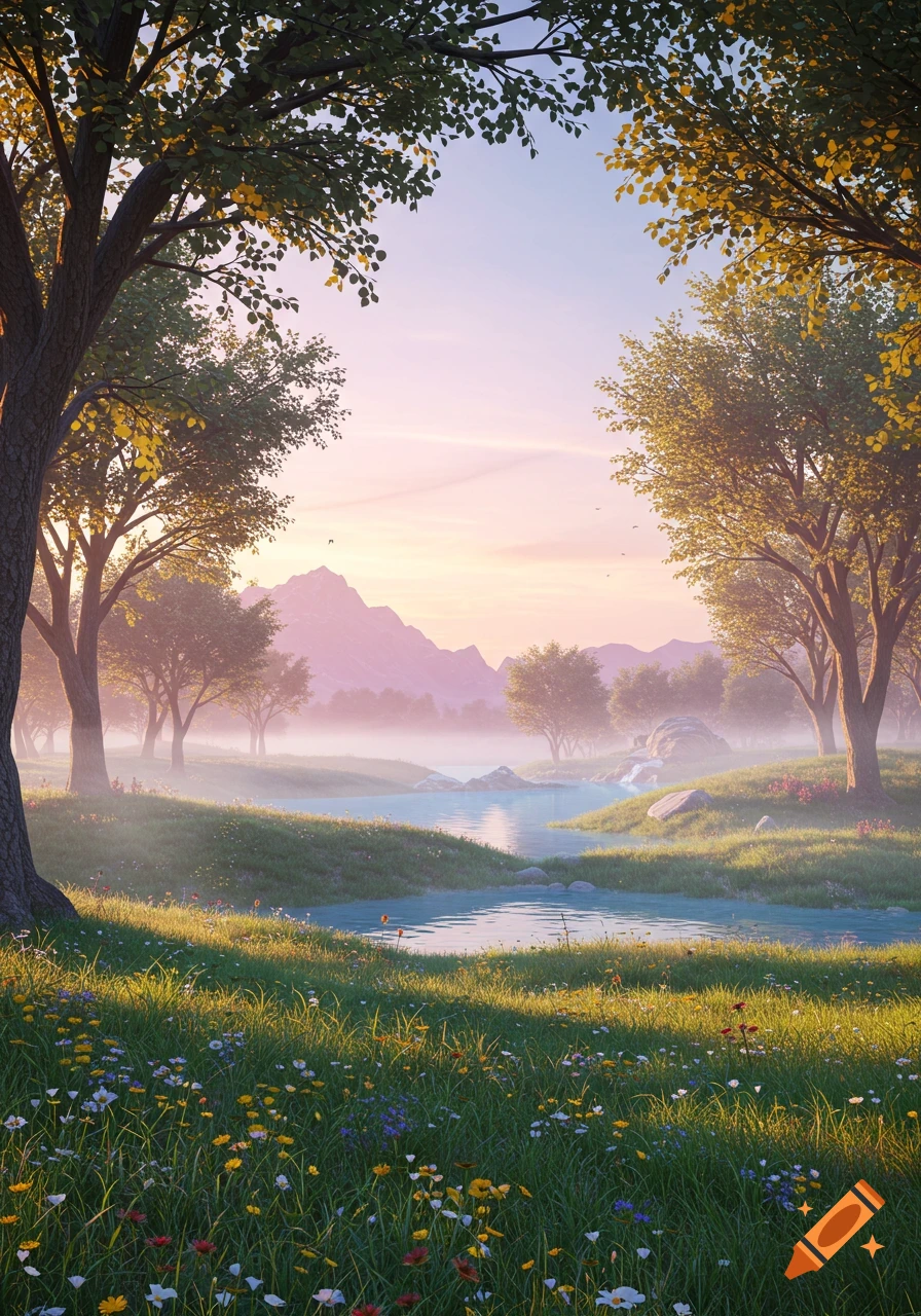 A serene natural landscape featuring a winding river, lush green fields with wildflowers, and trees under a soft, colorful sky with distant mountains.