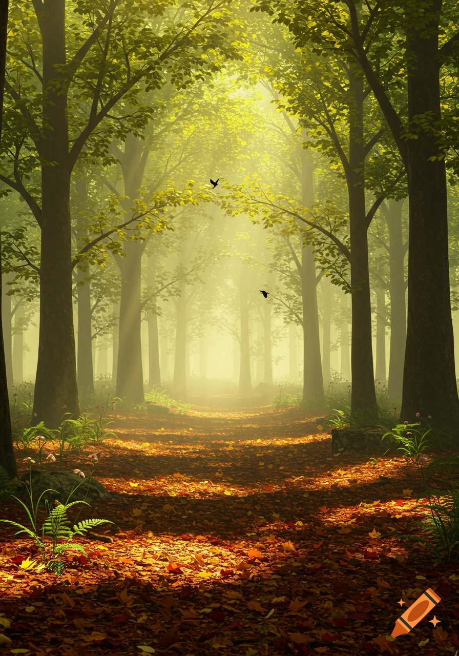 Sunlit forest path covered in autumn leaves, with tall trees and light rays. Two small birds fly in the distance.